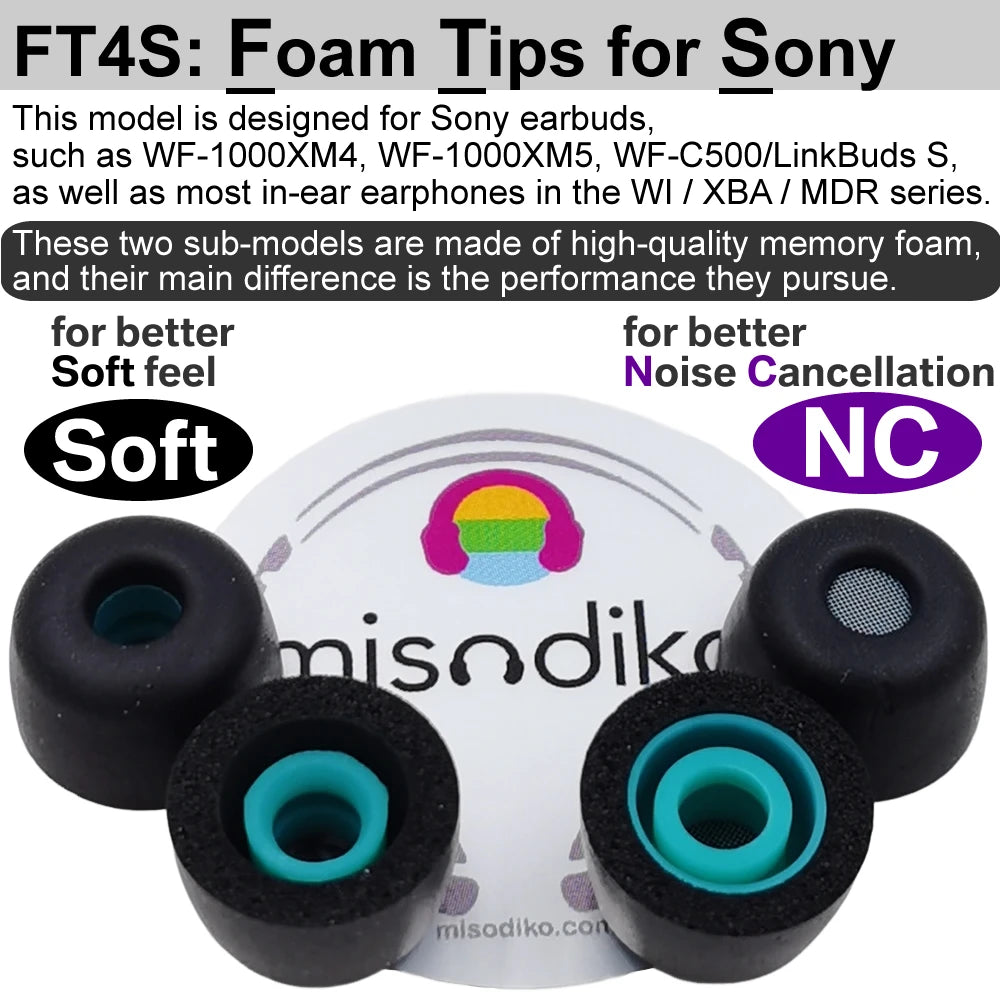 FT4S Upgrade Memory Foam Ear Tips Replacement for Sony WF- 1000XM5/ C510/ C710N, LinkBuds S/ INZONE Buds