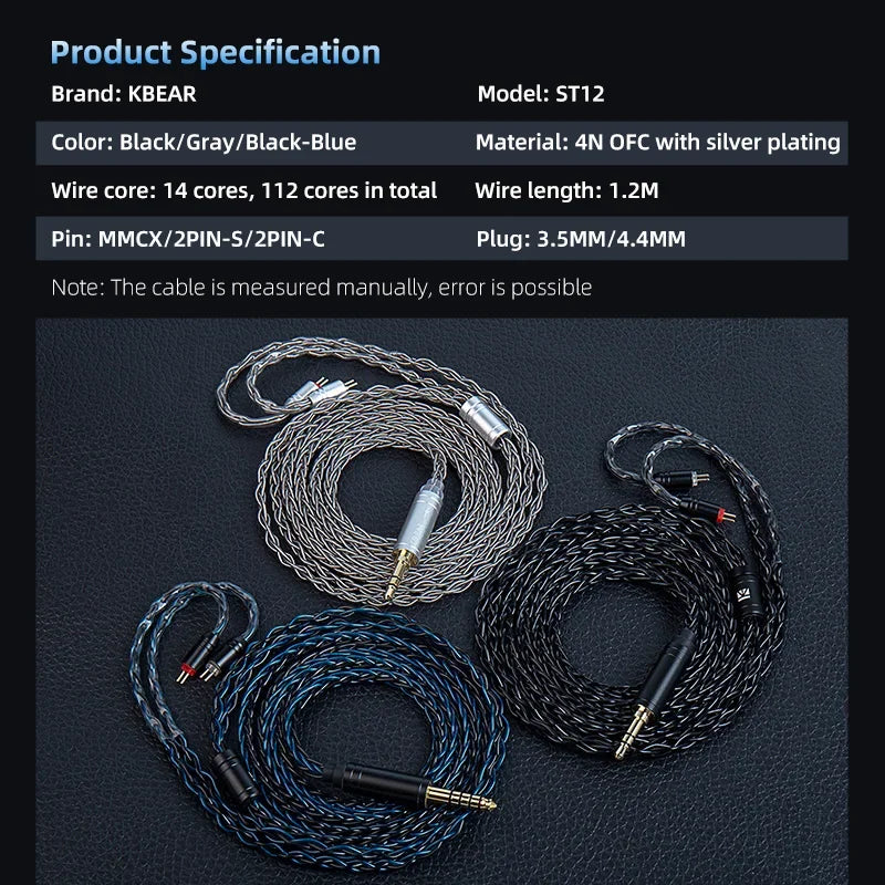 KBEAR ST12 8-strand 4N OFC silver-plated Upgraded Cable 3.5MM/4.4MM plug Earphone Cable HiFi music Audio Cable for iems