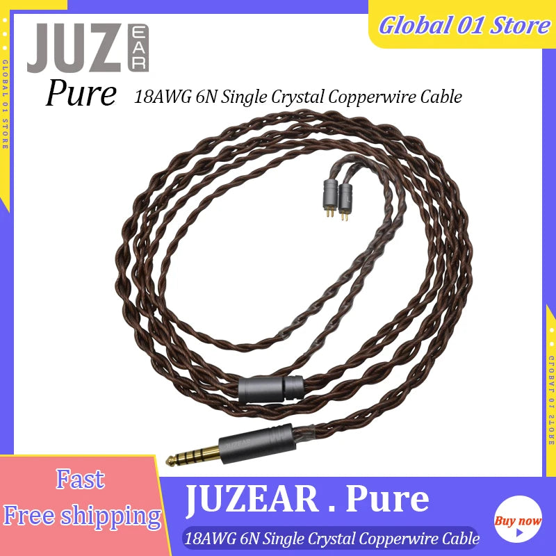 JUZEAR Pure IEM Cable 4-core 18AWG 6N Single Crystal Copper Wire Earphone Upgrade Cables 3.5 4.4mm 0.78mm 2 Pin For Headphone